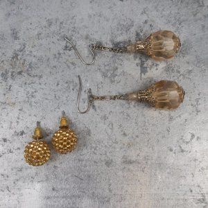 𝅺Two Earring Lot Dangle Hook Bead Ball Post Gold Tone Beige